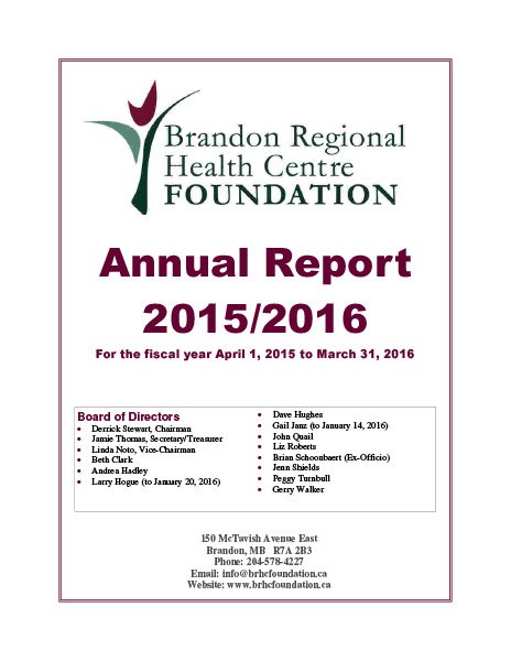 Front cover of BRHC Foundation Annual Report 2015-2016